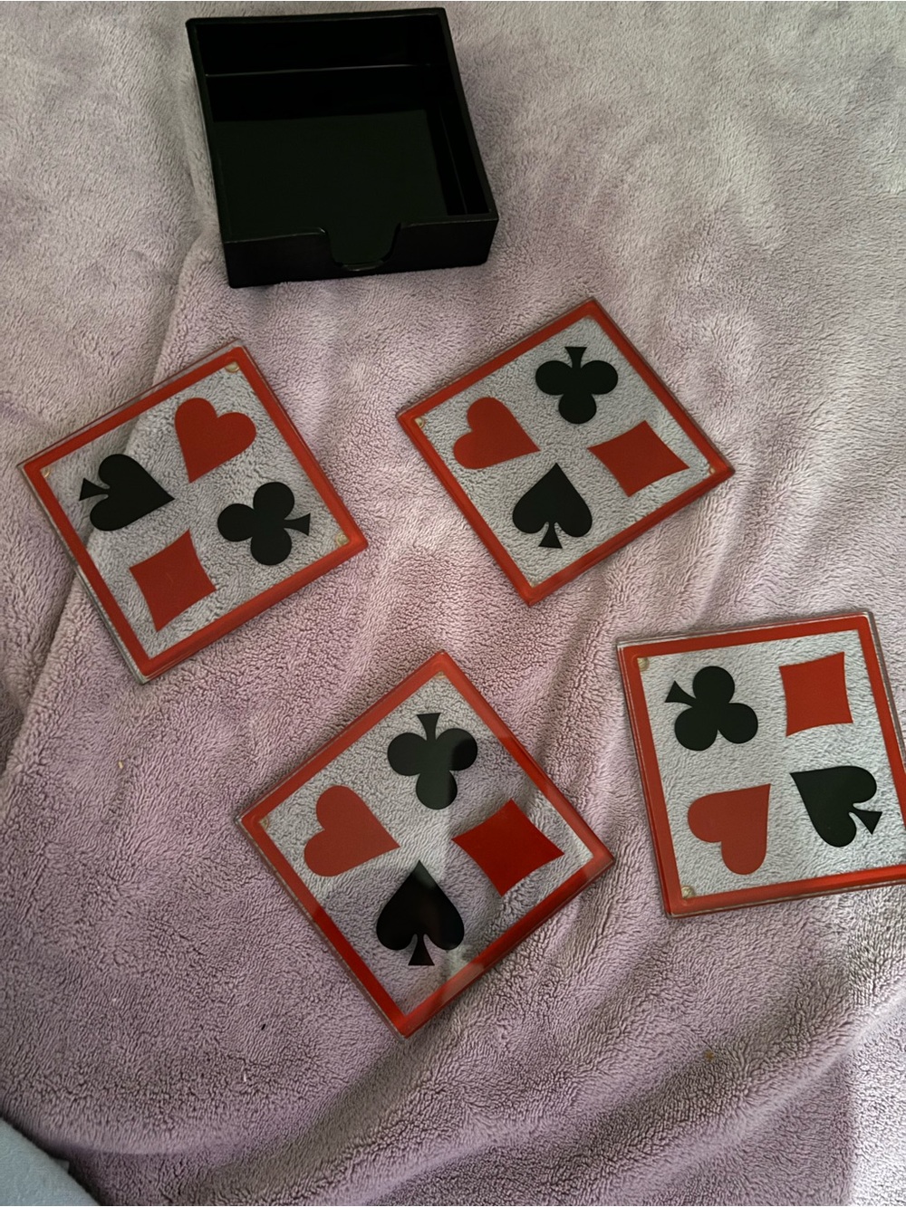 Set of 4 Card Suit Coasters in Red, Black and clear